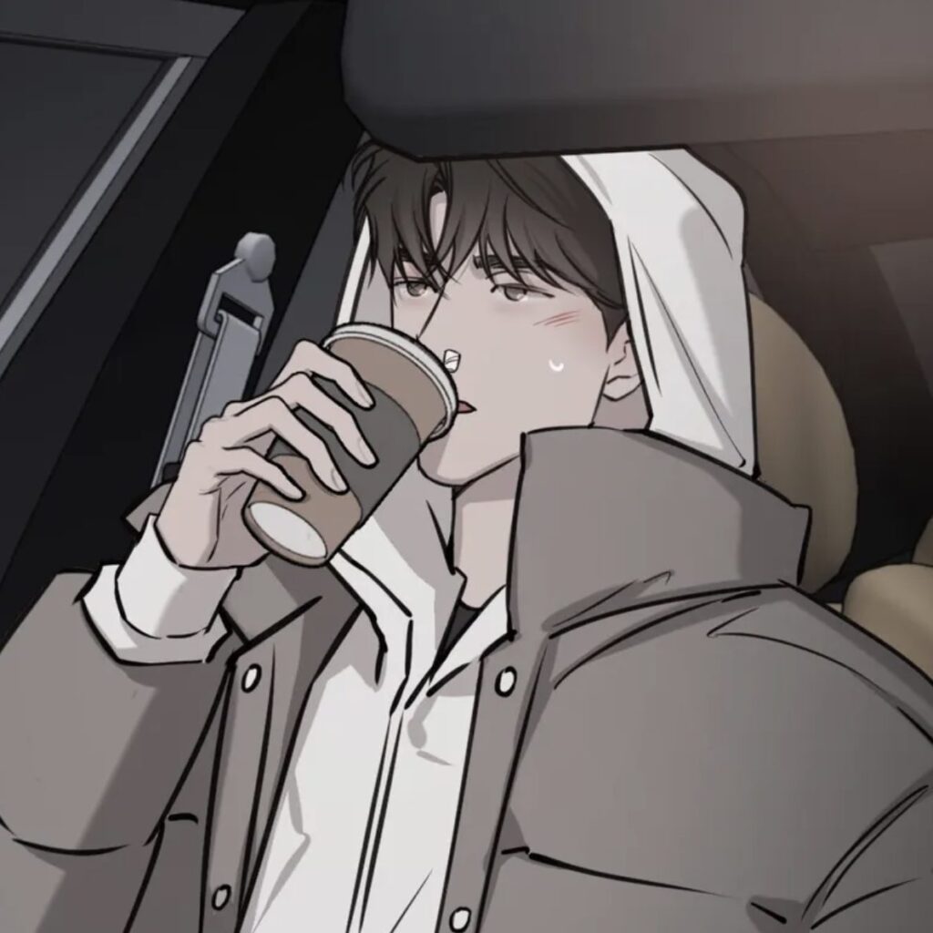 Male character wearing a white hoodie and brown puffy jacket is sitting inside a car, drinking coffee 