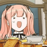 Pink haired character with pigtails smiling in front of a pile of food at the dinner table