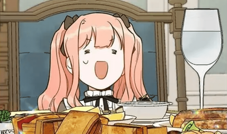 Pink haired character with pigtails smiling in front of a pile of food at the dinner table