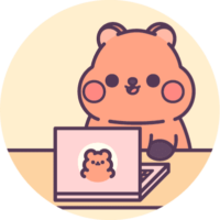 Cute logo of cartoon quokka smiling, sitting at laptop