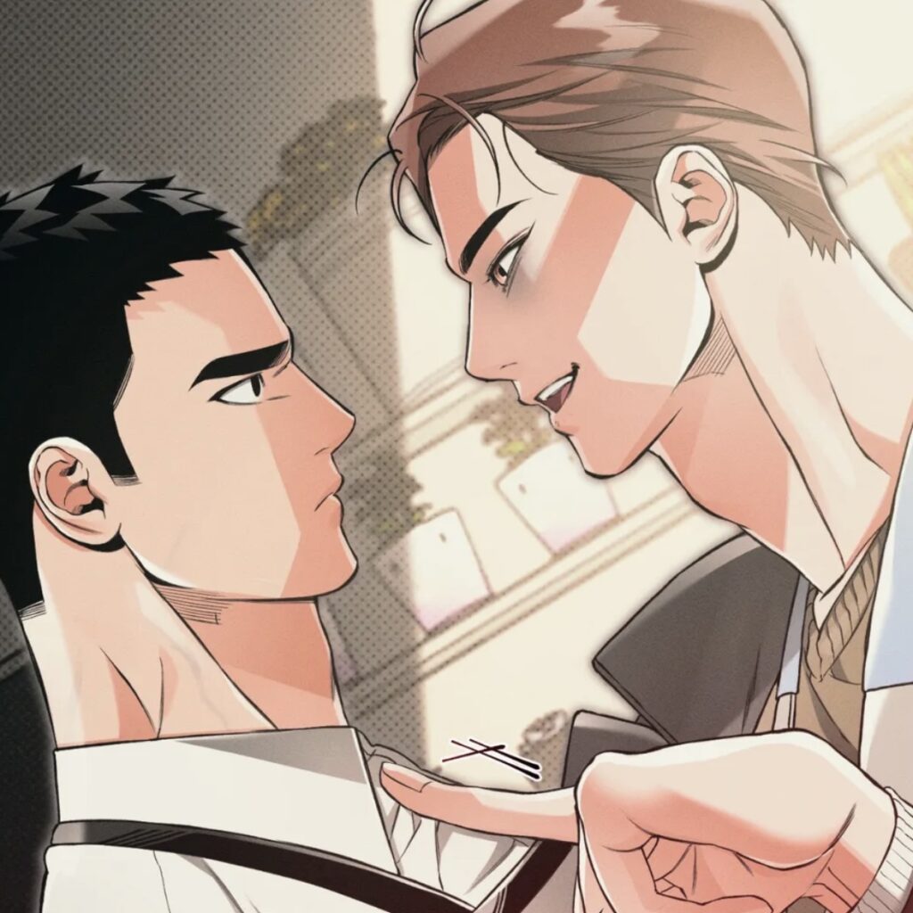 One black-haired male character looks angrily at a brown-haired male character, while the brown-haired male characters points his finger to the other's chest. 