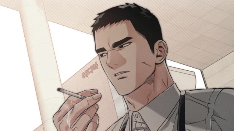 Male character with black hair holding a lot cigarette between his fingers. He has an annoyed expression on his face.